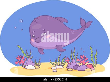 Mignon dessin animé kawaii dauphin. Monde sous-marin avec des algues et drôle d'animal de caractère. Illustration vectorielle. Collection enfants Illustration de Vecteur
