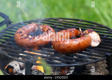 Griller les saucisses bratwurst sur le gril flamboyant. Bearbeque en extérieur. Pique-nique barbecue Banque D'Images