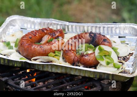Griller les saucisses bratwurst sur le gril flamboyant. Bearbeque en extérieur. Pique-nique barbecue Banque D'Images