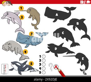 Illustration de dessin animé de trouver les ombres à droite à l'activité éducative images avec des personnages animaux de mammifères marins Illustration de Vecteur