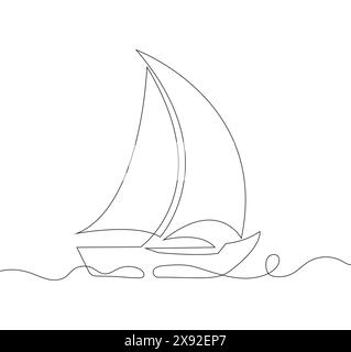 Bateau à voile dans le style de dessin de ligne continue. Contour noir d'un yacht sur un fond blanc. Illustration de Vecteur