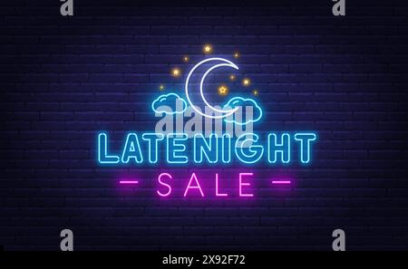 Late Night Sale Neon Sign sur fond de mur de briques. Illustration de Vecteur