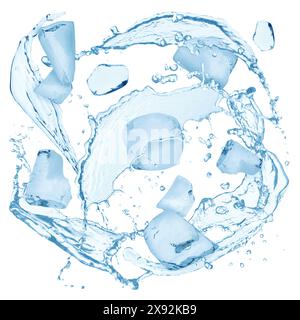 Glaçons et éclaboussures d'eau dans l'air sur fond blanc Banque D'Images
