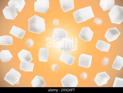 Cubes de sucre raffiné dans l'air sur fond orange Banque D'Images