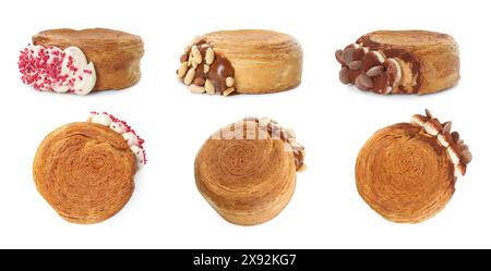 Ensemble de croissants ronds isolés sur blanc, vue de dessus et vue de côté. Pâte feuilletée Banque D'Images