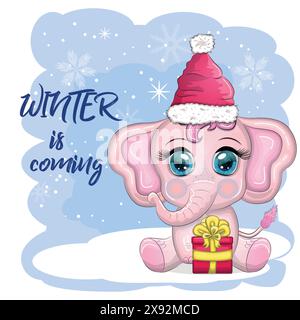 Joli éléphant de dessin animé, personnage puéril avec de beaux yeux portant chapeau de père noël, écharpe, cadeau de tenue, boule de noël ou canne à sucre. Le concept du Illustration de Vecteur