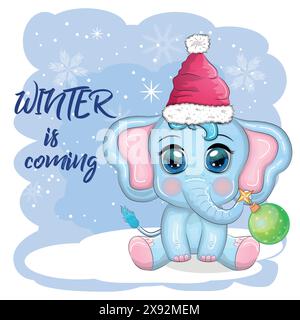 Joli éléphant de dessin animé, personnage puéril avec de beaux yeux portant chapeau de père noël, écharpe, cadeau de tenue, boule de noël ou canne à sucre. Le concept du Illustration de Vecteur