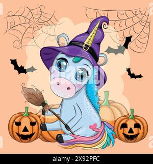 Mignon dessin animé unicorn en chapeau de sorcière violet, avec citrouilles, potion ou balai, personnage de vacances d'Halloween, bannière Illustration de Vecteur