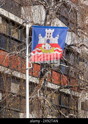 Belgrade, Serbie - 21 janvier 2024 : drapeau officiel avec l'écusson de la capitale serbe Belgrade à l'extérieur sur la rue de la ville avec la façade des bâtiments en backgro Banque D'Images