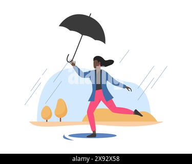 Femme tenant un parapluie, fille heureuse marchant sur les flaques d'eau dans l'illustration vectorielle de pluie d'automne Illustration de Vecteur