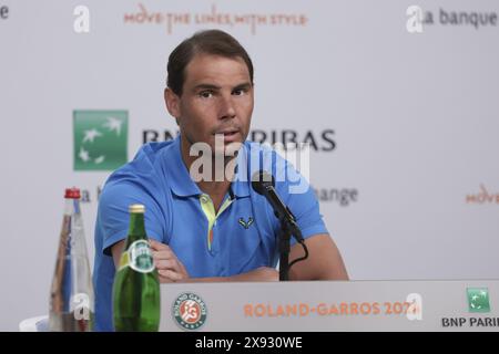 Rafael Nadal, Espagnol, s’adresse aux médias lors d’une conférence de presse en prévision de l’Open de France 2024, Roland-Garros 2024, ATP et WTA Grand Chelem, le 25 mai 2024 au stade Roland-Garros à Paris, France Banque D'Images