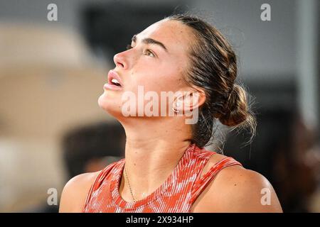 Aryna SABALENKA de Biélorussie lors de la troisième journée du tournoi de tennis Roland-Garros 2024, ATP et WTA Grand Chelem le 28 mai 2024 au stade Roland-Garros à Paris, France Banque D'Images