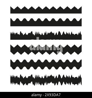 Zigzag et lignes ondulées. Variations de motif noir. Vecteur de formes géométriques. Bordures décoratives. Illustration de Vecteur