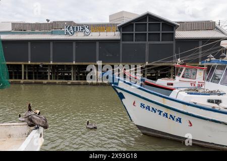 Bateaux de pêche commerciale amarrés à côté de Katie's Seafood House sur le canal de Galveston à Glaveston, Texas Banque D'Images