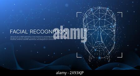 Technologie de reconnaissance faciale. Vecteur 3d filaire géométrique de la tête humaine sur fond bleu foncé avec réseau de points et de lignes de connexion, symbolisant le balayage du visage, les connexions numériques et la sécurité Illustration de Vecteur