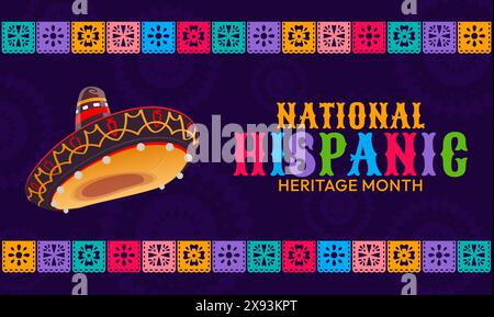 Bannière de festival du mois du patrimoine hispanique national avec chapeau sombrero et guirlande de papel picado sur fond vectoriel de motif mexicain et espagnol. Affiche de vacances de culture latino de drapeaux découpés en papier couleur Illustration de Vecteur