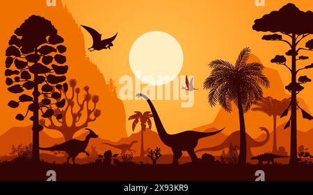 Silhouettes de dinosaures préhistoriques. Scène vectorielle avec des dinos silhouettés. Ptérodactyl, vélociraptor rapide et imposant brachiosaurus parcourent le paysage avec des fougères, des collines, des palmiers et le soleil du crépuscule Illustration de Vecteur