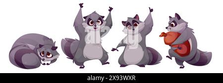 Personnages de raton laveur mignon ensemble isolé sur fond blanc. Illustration de bande dessinée vectorielle de mascotte animale couchée effrayée, agitant les pattes en colère, faisant signe de pouce vers le haut, sac de transport de voleur, animal de compagnie gris drôle Illustration de Vecteur
