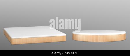 Maquette de podium en bois pour l'affichage et la promotion du produit. Ensemble réaliste d'illustration vectorielle 3d de cylindre et d'étape de marchandises de boîte carrée. Modèle de socle promo présentation naturelle et écologique. Illustration de Vecteur