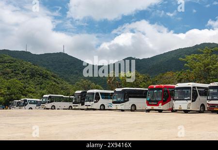 Bus touristiques sur le parking à Da Nang Vietnam. Grands bus touristiques attendant leurs groupes touristiques au parking dans le lieu touristique au Vietnam. Voyage Banque D'Images