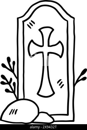 Une pierre tombale de cimetière avec une croix dessus. La pierre tombale est vide et a une jambe cassée Illustration de Vecteur