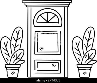 Une porte avec une fenêtre et une image sur le mur. La porte est blanche et a une fenêtre au-dessus. Il y a deux plantes en pot de chaque côté de la porte Illustration de Vecteur