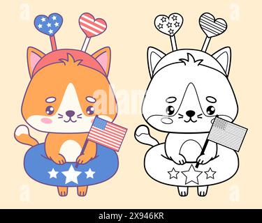 Chat patriotique mignon avec cercle en caoutchouc et drapeau américain. Ensemble de dessins colorés et de contours. Independence Day Cartoon personnage animal kawaii. Vecteur Illustration de Vecteur