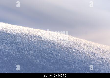 Gros plan de neige givrée, capturant les détails complexes et la texture d'un matin d'hiver. Banque D'Images