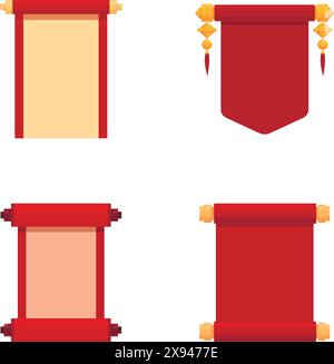Les icônes de défilement chinois définissent le vecteur de dessin animé. Décoration asiatique traditionnelle décorative. Accessoire festif Illustration de Vecteur
