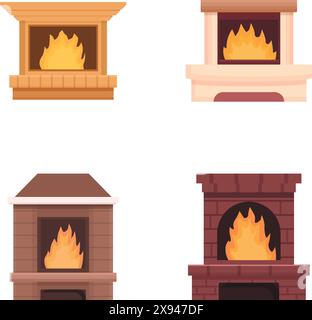 Icônes de cheminée à la maison définir vecteur de dessin animé. Cheminée variée avec flamme de bois de chauffage. Source d'incendie ouverte Illustration de Vecteur