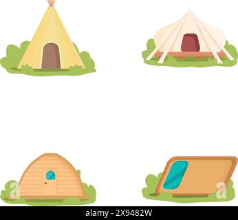 Les icônes de tente de glamping définissent le vecteur de dessin animé. Diverses tente de glamping confortable. Voyage, repos et aventure Illustration de Vecteur