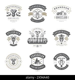 Modèles de modèles de motocyclettes ensemble d'éléments de conception vectoriels, emblèmes de style vintage et badges rétro illustration. Clubs de motards classiques, moto sport silh Illustration de Vecteur