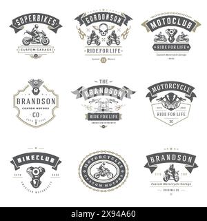 Modèles de modèles de motocyclettes ensemble d'éléments de conception vectoriels, emblèmes de style vintage et badges rétro illustration. Clubs de motards classiques, moto sport silh Illustration de Vecteur