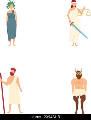 Quatre illustrations vectorielles représentant des figures mythologiques grecques isolées sur un fond blanc Illustration de Vecteur