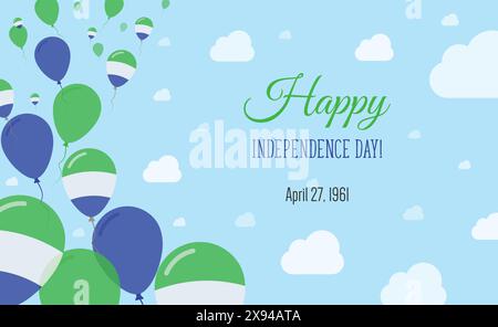 Affiche patriotique scintillante du jour de l'indépendance de la Sierra Leone. Rangée de ballons aux couleurs du drapeau Sierra-léonais. Carte de voeux avec drapeaux nationaux, bleu Illustration de Vecteur