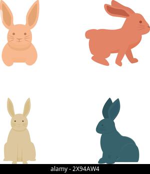 Ensemble de quatre lapins de dessin animé adorables et colorés dans différentes poses isolés sur un fond blanc Illustration de Vecteur