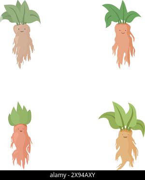 Collection de personnages de racine de mandrake de dessin animé mignons et joyeux dans un cadre magique et enchanteur de jardin botanique, parfait pour les livres d'histoires et l'animation des enfants Illustration de Vecteur