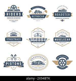 Modèles de voiture logos ensemble d'éléments de conception vectoriels, emblèmes de style vintage et badges rétro illustration. Réparations de voitures anciennes, silhouettes de service de pneus. Illustration de Vecteur