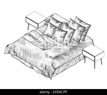 Contour d'un lit de couchage avec une couverture non faite et des oreillers de lignes noires isolées sur un fond blanc. Vue isométrique. Illustration vectorielle. 3D.. Illustration de Vecteur