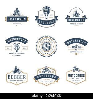 Modèles de modèles de motocyclettes ensemble d'éléments de conception vectoriels, emblèmes de style vintage et badges rétro illustration. Clubs de motards classiques, moto sport silh Illustration de Vecteur