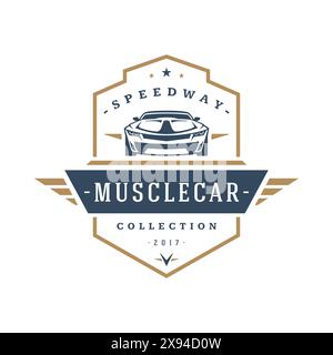 Muscle car modèle de vecteur de modèle de logo de voiture style vintage pour étiquette ou badge rétro illustration. Silhouette de voiture classique. Illustration de Vecteur