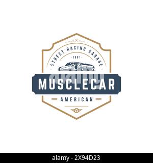 Muscle car modèle de vecteur de modèle de logo de voiture style vintage pour étiquette ou badge rétro illustration. Silhouette de voiture classique. Illustration de Vecteur