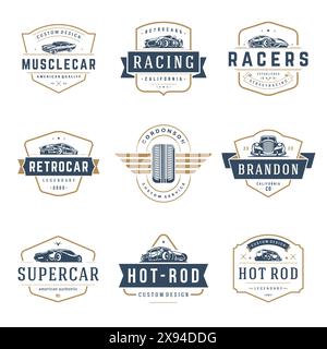 Modèles de voiture logos ensemble d'éléments de conception vectoriels, emblèmes de style vintage et badges rétro illustration. Réparations de voitures anciennes, silhouettes de service de pneus. Illustration de Vecteur