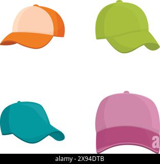 Collection de quatre casquettes de baseball de différentes couleurs isolées sur un fond blanc Illustration de Vecteur