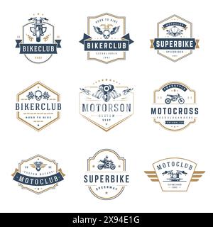 Modèles de modèles de motocyclettes ensemble d'éléments de conception vectoriels, emblèmes de style vintage et badges rétro illustration. Clubs de motards classiques, moto sport silh Illustration de Vecteur