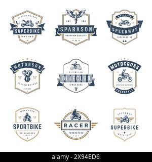 Modèles de modèles de motocyclettes ensemble d'éléments de conception vectoriels, emblèmes de style vintage et badges rétro illustration. Clubs de motards classiques, moto sport silh Illustration de Vecteur