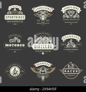 Modèles de modèles de motocyclettes ensemble d'éléments de conception vectoriels, emblèmes de style vintage et badges rétro illustration. Clubs de motards classiques, moto sport silh Illustration de Vecteur