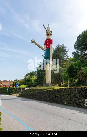 La plus haute statue de Pinocchio au monde dans la ville médiévale historique de Collodi en Toscane, avec un visage, un nez, une main et un corps en bois par temps nuageux. Banque D'Images