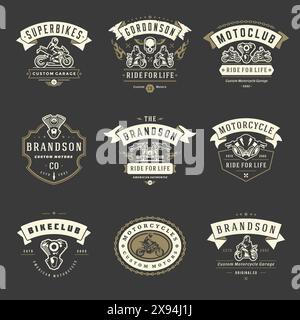 Modèles de modèles de motocyclettes ensemble d'éléments de conception vectoriels, emblèmes de style vintage et badges rétro illustration. Clubs de motards classiques, moto sport silh Illustration de Vecteur