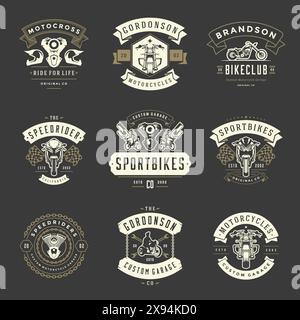 Modèles de modèles de motocyclettes ensemble d'éléments de conception vectoriels, emblèmes de style vintage et badges rétro illustration. Clubs de motards classiques, moto sport silh Illustration de Vecteur
